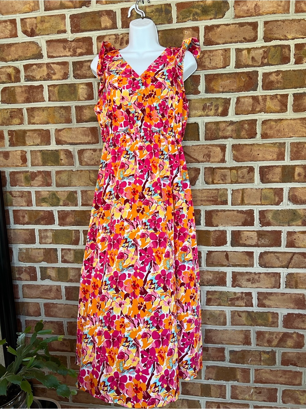 SHEIN Pink and Orange Floral Ruffle Strap Maxi Dress. Large